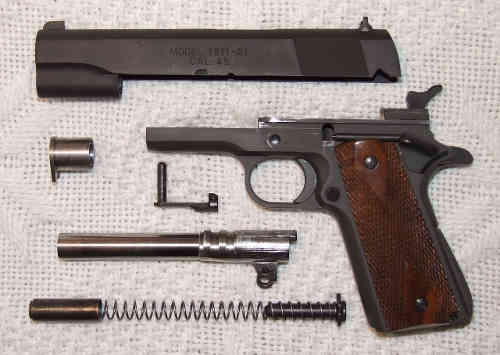 Model 1911
semiautomatic pistol, partly disassembled.